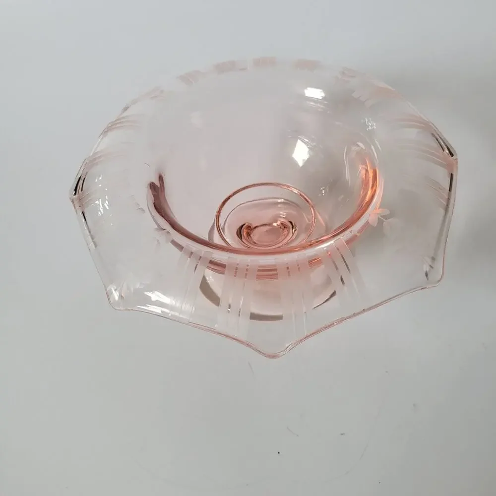 Vintage Pink Depression Glass Etched Rim Pedestal‎ Compote Bowl